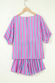 Pink Stripe Dolman Short Sleeve Blouse Drawstring Elastic Waist Loose Short Set