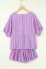 Pink Stripe Dolman Short Sleeve Blouse Drawstring Elastic Waist Loose Short Set