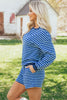 Blue Stripe Drop Shoulder Long Sleeve Pullover Elastic Waist Casual Short Set