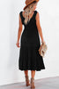 Black Shirred Pleated Square Neck Sleeveless Midi Dress