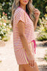 Yellow Stripe Colorblock Trim V Neck Tee Drawstring Elastic Waist Short Set