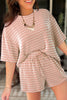Rose Stripe Raised Rib Loose Tee Drawstring Elastic Waist 2pcs Short Set