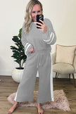 Mineral Red Varsity Stripe Patchwork Puff Sleeve Pullover Drawstring Wide Leg Pant Set