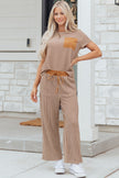 Rose Stripe Crew Neck Tee Drawstring Waist Cropped Pants Set