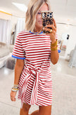Sky Blue Stripe Nautical Tie Contrast Trim Round Neck T Shirt Mini Dress