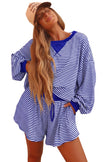 Brown Stripe Oversized Long Sleeve Top Drawstring Loose Shorts 2pcs Set