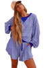 Brown Stripe Oversized Long Sleeve Top Drawstring Loose Shorts 2pcs Set