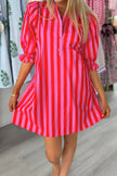 Red Stripe Half Button Puff Sleeve Loose Mini Dress