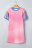 Pink Stripe Contrast Patchwork Short Sleeve T Shirt Shift Dress