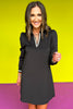 Black Striped Trim V Neck Collared Puff Sleeve Mini Dress