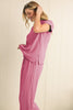 Bright Pink Solid Corded Short Sleeve T Shirt and Wide Leg Pants Set