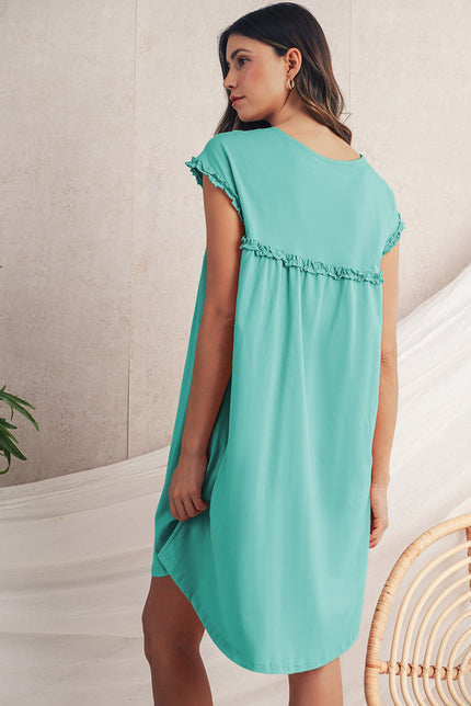 Mint Green Frilled Trim Crewneck Loose Fit Mini Dress