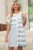 Gray Stripe Mixed Printed Short Sleeve Shift Mini T Shirt Dress