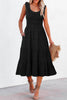 Black Shirred Pleated Square Neck Sleeveless Midi Dress