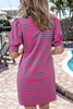 Pink Stripe Collared Puff Sleeve Pop of Color Neckline T Shirt Dress