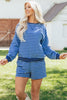 Blue Stripe Drop Shoulder Long Sleeve Pullover Elastic Waist Casual Short Set