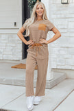 Rose Stripe Crew Neck Tee Drawstring Waist Cropped Pants Set