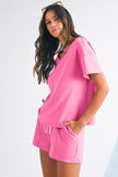 Mint Green V Neck Drop Shoulder Tee and Patchwork Shorts Set