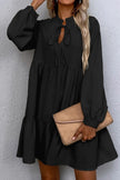 Black Tie Split Neck Smocked Detail Puff Sleeve Ruffle Hem Loose Dress