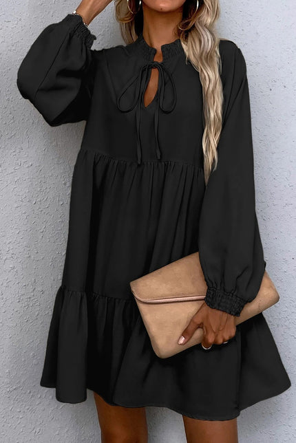 Black Tie Split Neck Smocked Detail Puff Sleeve Ruffle Hem Loose Dress