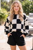 Khaki Checkerboard Plaid Long Sleeve Solid Color Shorts 2pcs Set