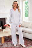 Light Grey Stripe Patchwork Loose Long Sleeve Top Drawstring Waist Pants Set