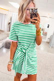 Sky Blue Stripe Nautical Tie Contrast Trim Round Neck T Shirt Mini Dress