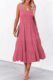Black Shirred Pleated Square Neck Sleeveless Midi Dress