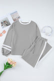 Mineral Red Varsity Stripe Patchwork Puff Sleeve Pullover Drawstring Wide Leg Pant Set