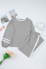 Mineral Red Varsity Stripe Patchwork Puff Sleeve Pullover Drawstring Wide Leg Pant Set