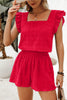 Fiery Red Textured Square Neck Top and Shirred High Waist Shorts Set
