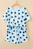 Pink Polka Dot Print Loose Tee Drawstring Elastic Waist Short Set