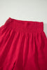 Fiery Red Textured Square Neck Top and Shirred High Waist Shorts Set