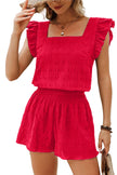 Fiery Red Textured Square Neck Top and Shirred High Waist Shorts Set