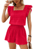 Fiery Red Textured Square Neck Top and Shirred High Waist Shorts Set