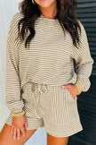 Brown Stripe Textured Knit Long Sleeve Top Elastic Waist Shorts Casual Outfit