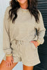 Brown Stripe Textured Knit Long Sleeve Top Elastic Waist Shorts Casual Outfit