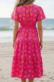 Rose Double Polka Dot Short Sleeve Shirred High Waist Midi Dress