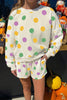 Beige Polka Dot Print Drop Shoulder Pullover Drawstring Shorts Set