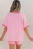 Pink Stripe Contrast Trim Short Sleeve Top Loose Shorts 2pcs Casual Outfit