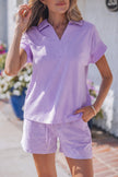 Sky Blue Striped Dolman Sleeve Pullover and Drawstring Shorts Set
