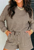 Brown Stripe Textured Knit Long Sleeve Top Elastic Waist Shorts Casual Outfit