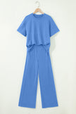 Sky Blue Solid Cover Oversize Tee Pocketed Casual Pants 2pcs Outfit