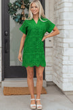 Rose Red Solid Color Eyelet Embroidered T Shirt Mini Dress