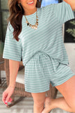 Rose Stripe Raised Rib Loose Tee Drawstring Elastic Waist 2pcs Short Set