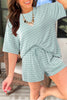 Rose Stripe Raised Rib Loose Tee Drawstring Elastic Waist 2pcs Short Set