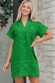 Rose Red Solid Color Eyelet Embroidered T Shirt Mini Dress
