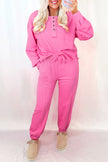 Bright Pink Raw Edge Henley Pullover and Jogger Pants Set