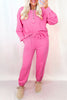 Bright Pink Raw Edge Henley Pullover and Jogger Pants Set