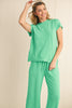 Bright Pink Solid Corded Short Sleeve T Shirt and Wide Leg Pants Set